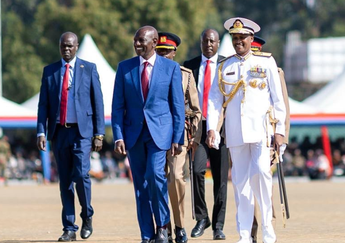 A file photo of President Ruto and CDF Charles Kahariri during the KDF passing-out parade.